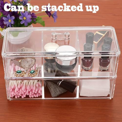 Image of Qtip Holder Dispenser 3 Compartments Cotton Ball Swab Holder with Lid Clear Bathroom Dresser Organizer Tea Bag Holder Acrylic Organizer for Cotton Ball and Swab, Round Pads, Hair Accessories