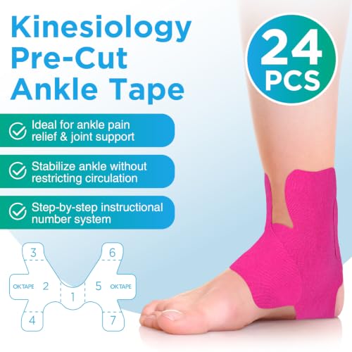 Image of OK TAPE Precut Kinesiology Ankle Tape, 24 Pcs, Pain Relief, Prevent Ankle Sprain, Provide Support for Ankle Ligament, Elastic Athletic Tape, Breathable Cotton, Daily Use - Pink