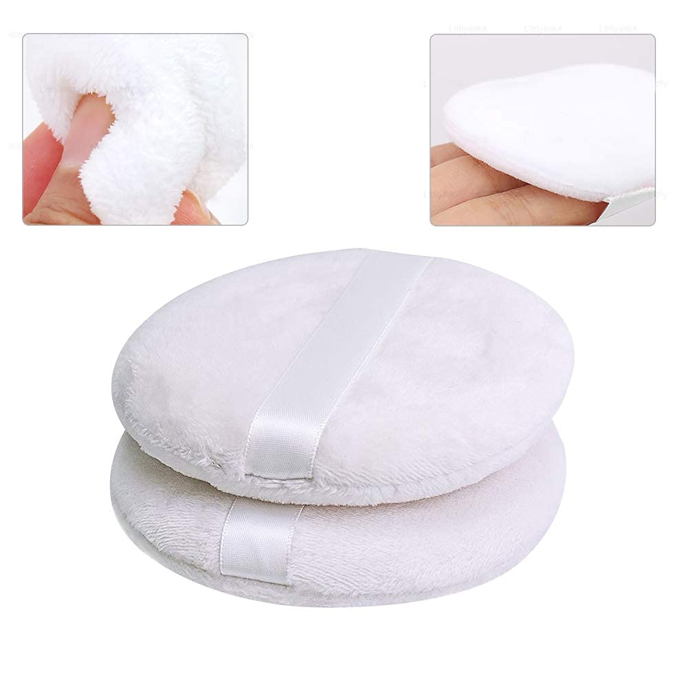 4 PCS Large Powder Puff, 4.13 Inch Velour Body Powder Puff Round Fluffy Powder Puffs Ultra Soft Body Puff Washable for Loose Body Powder Face Powder Baby Powder Makeup with Ribbon 2
