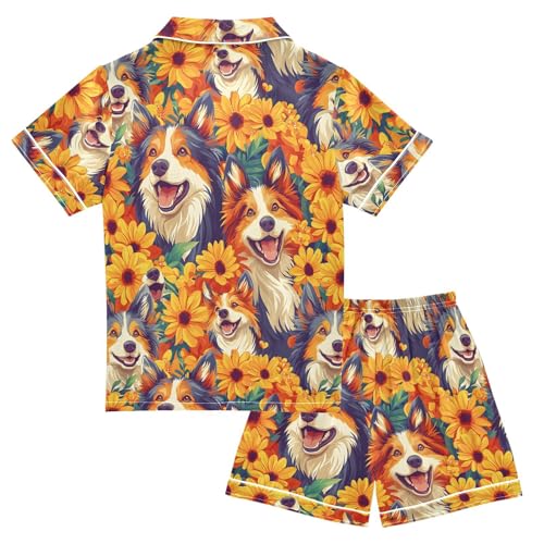 ALAZA Sunflower Puppy Dog Blossom Satin Pajamas Set Short Sleeve Button Down Sleepwear Summer Pjs 2 Piece2