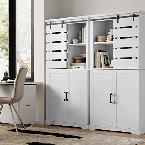 Hostack Tall Farmhouse Storage Cabinet, Sliding Barn Door Kitchen Cabinet With Adjustable Shelves, Freestanding Bookcase Buffet Cabinet For Kitchen, Dining Room, Living Room, Home Office, White #TOP3