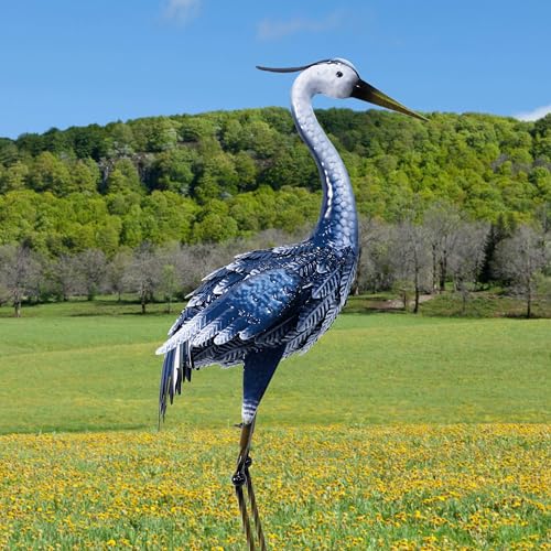 Oritty 33 Inch Crane Statue for Garden Decorations, Metal Heron Yard Art, Outdoor Decor for Patio, Pond, and Backyard, Blue