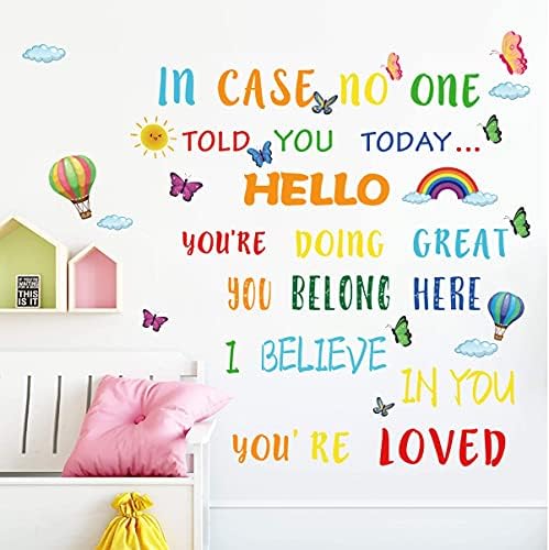 IARTTOP Colorful Inspirational Lettering Quote Wall Decal, Watercolor School Theme Wall Sticker, Hot Air Balloon Butterfly Sun Rainbow Decals for Classroom Nursery Wall Decoration