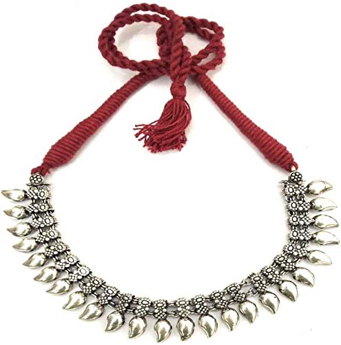 Athizay Tribal Oxidised Silver Necklace - Antique Texture Flower Bead Choker For Women