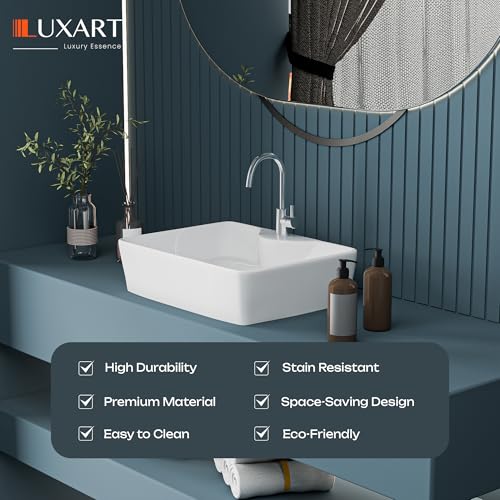 Image of LUXART Tabletop Wash Basin For Bathroom - 19 x 14 x 5 Inc Ceramic Glossy White Countertop Washbasin | Vessel Sink For Hotel, Dining Hall, Vanity | Over counter Top Washroom Sink