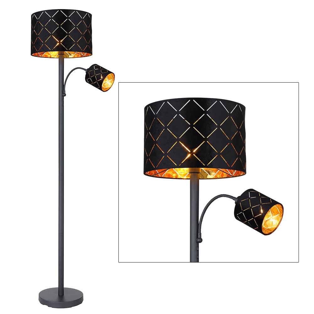 LED Stehlampe mit Leselampe Wohnzimmer Stehleuchte Leseleuchte Deckenfluter Schwarz Gold, Leselampe flexibel Dekorstanzungen, 1x E27 1x E14 LED, DxH 35 x 162 cm