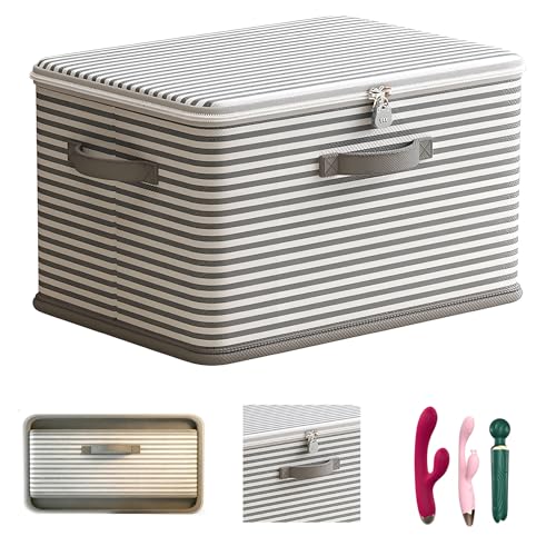 JCL Discreet Lockable Adult Toy Box Storage Organizer with Zipper Lid 15x10x10 Inch Large Capacity Travel Case Secure Lock Privacy Bag for Women & Men Clothes Container(Gray Stripes)