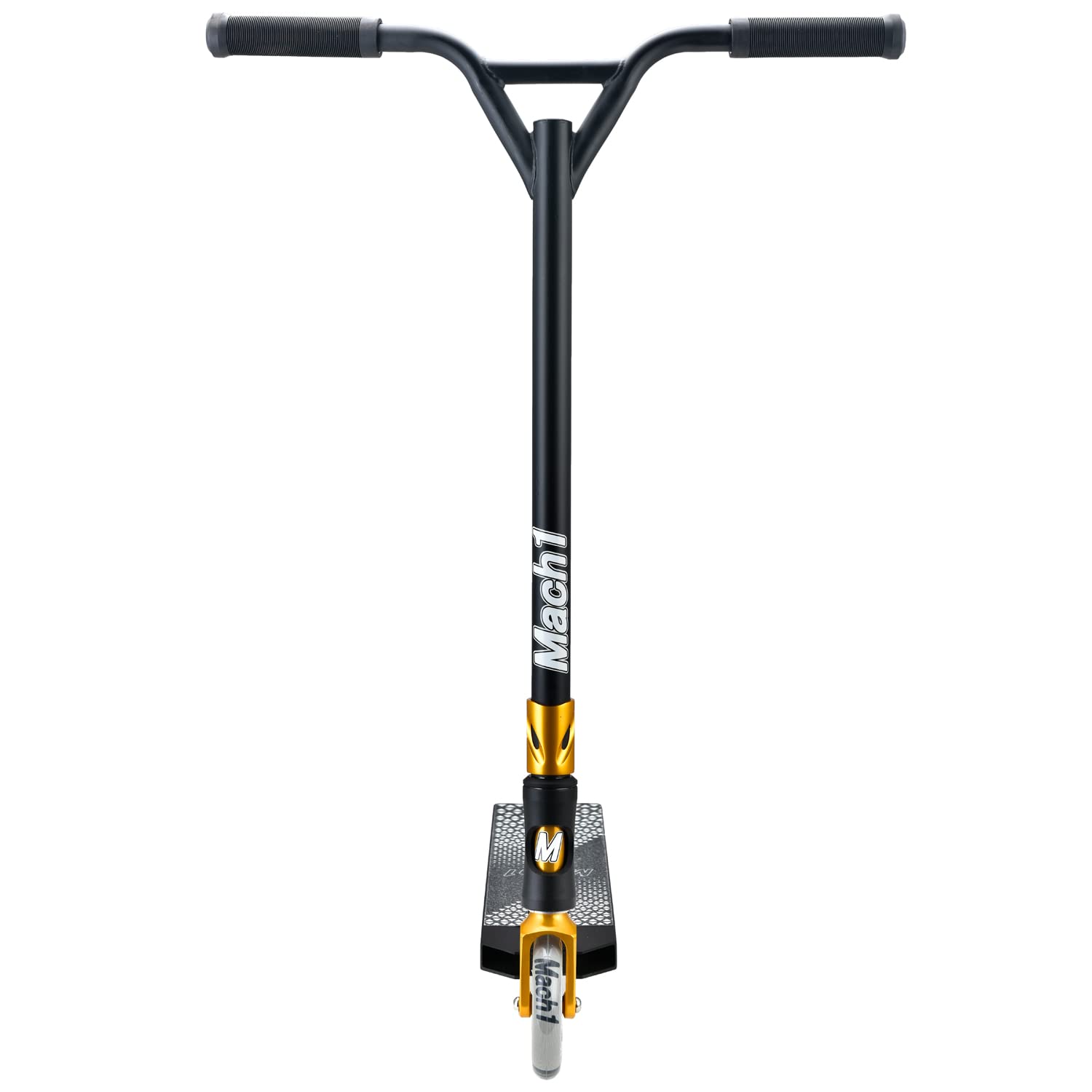 Mach1 Stunt Scooter Kierownica 360° – kółka 120 mm z aluminiowym rdzeniem i łożyskami kulkowymi ABEC 9, hulajnoga, kickscooter, Fun Stunts Trick Roller dla dzieci od 6 lat (czarno-złota z przezroczystymi kółkami)