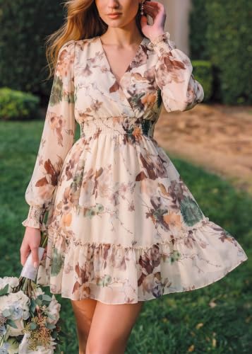 Image of Prettywear Women's Chiffon Long Sleeve Wrap Neck Wedding Guest Mini Dress | Wrap V Neck Smocked Waist Flowy Dress, Spring Fall Outfits for Cocktail, Vacation, Date Night Party