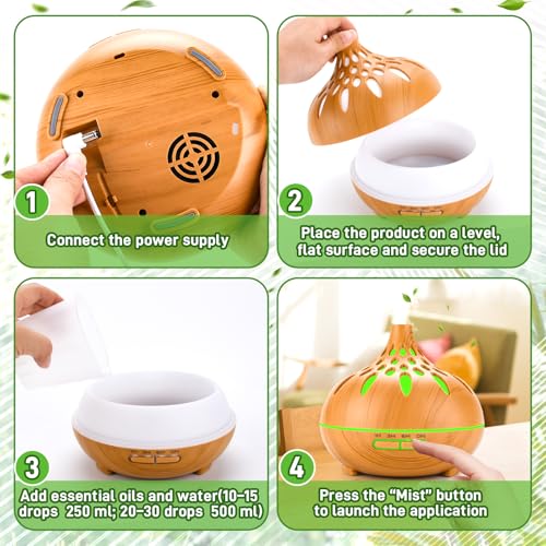 USHOP Aroma Diffuser 500ml,Diffuser Voor Etherische Oliën,Aromadiffuser met 10 Essentiële Oliën,Aromatherapie met 7 Kleuren LED Lichten 4 Timers, 3 Mistmodus voor Slaapkamer, Spa, Yoga, Massage - Afbeelding 5