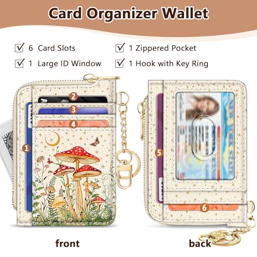 Image of GIANCOMICS Slim Wallet Credit Card Holder Women, White Rfid Blocking Small Card Case, Keychain Thin Pocket Curved Zipper Wallet, Mushroom Travel Card Holder PU Leather ID Window, Ladies Female Gifts