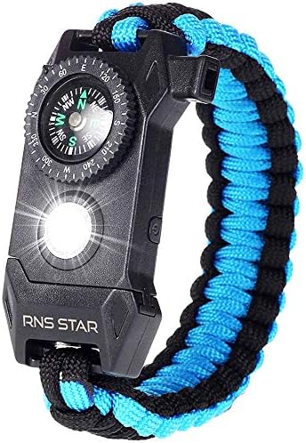 RNS STAR Paracord Survival Bracelet 6-in-1 - Hiking Gear Traveling Camping Gear Kit - 70% Bigger Compass LED SOS Emergency Function Flashlight,Fire Scrapper,Flint Fire Starter,Survival Knife