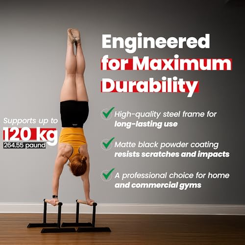 PRO Parallettes Bars for Calisthenics with Wooden Beech Handles | Wrist Support Wrap Included | Heavy-Duty Steel Base | Push-Up, L-Sit, Planche & Handstand Training Bars for Home, Outdoor & Gym Use - Image 7