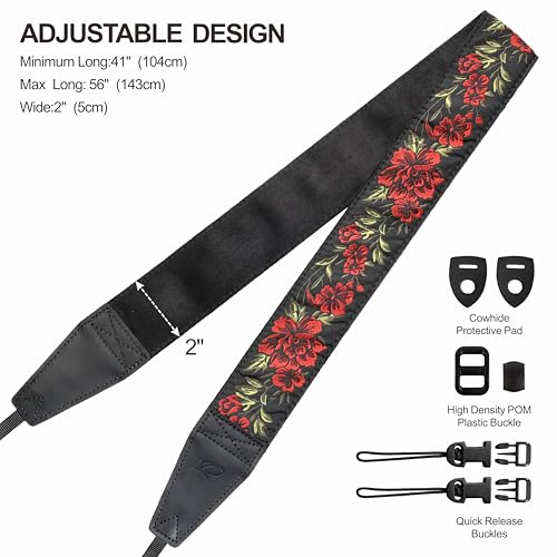 Image of Padwa Lifestyle Camera Strap - 2 inch Full Grain Leather Ends Camera Straps for Photographers, Vintage Embroidered Cotton Weave Soft Suede Fabric Padded Strap Quick Release fits All Cameras