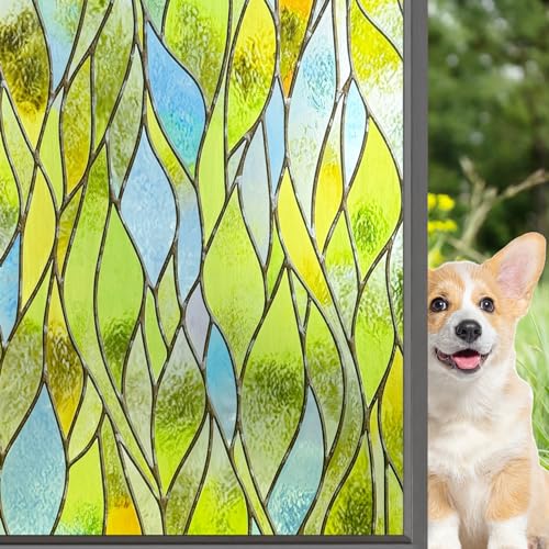 3D Stained Glass Window Film Etched Glass Door Film Seaweed Decorative Window Privacy Cling Tints No Glue Anti UV for Home and Office,23.6x35.4 inches