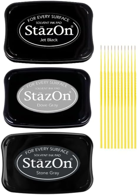 StazOn Multi-Surface Solvent Ink Pad Bundle - 3 Pk StazOn Solvent Ink Pads - Jet Black, Stone Gray, and Dove Gray - with Trebbies Detail Sticks