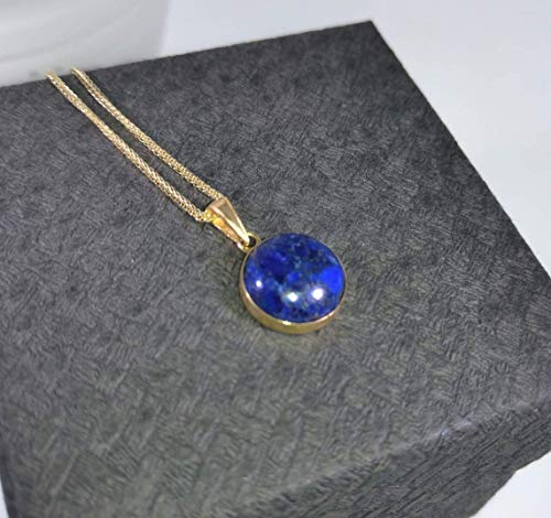 14K Gold Lapis Lazuli Pendant - Solid Yellow Gold Blue Lapis Gemstone Necklace, December Birthstone 12mm Round Stone, Handmade Classic Minimalistic Jewelry Birthday Gift for Women
