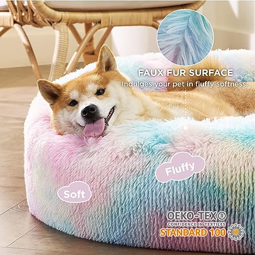 Image of Bedsure Calming Dog Bed for Medium Dogs - Donut Washable Medium Pet Bed, Anti-Slip Round Fluffy Plush Faux Fur Cat Bed, Fits up to 45 lbs Pets, Multi-Colored, 30 inches