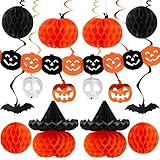 SEPGLITTER Halloween Deko Set, Halloween Party Deko Indoor Outdoor Orange Schwarz Wabenpapier Halloween Girlande und Hängende Wabenkugeln