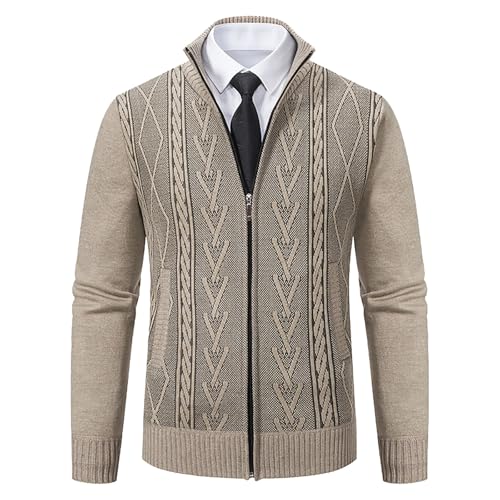 Men's Spring Winter Ribbed Stand Collar Cardigan Long Sleeve Full Zip Sweaters Casual Slim Pocket Sweater Outwear