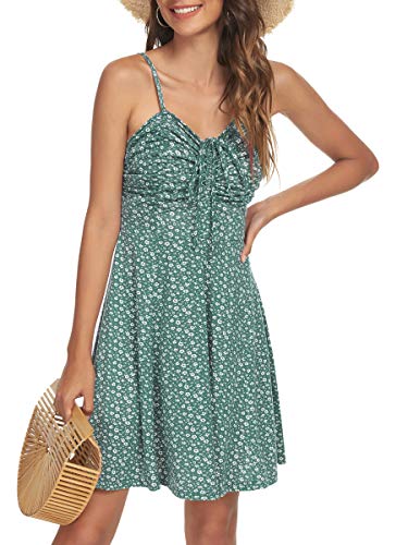 Image of Missufe Spaghetti Strap Floral Mini Dress Women's Casual Ruched Front Drawstring Swing Sundress