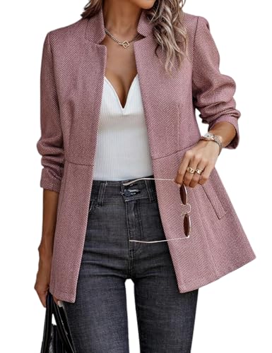 FM2018XSL Giacca da Ufficio a Maniche Lunghe da Donna Casual Blazer da Donna con Tasche Elegante Cappotto con Colletto Ritagliato(M=Taglia L,Rosso)