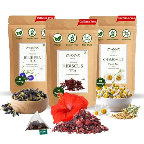 Image of Zyanna 3 in 1 Combo - 60 Tea Bags | Butterfly Pea Flower - 20, Hibiscus - 20, Chamomile - 20 Pyramid Teabags | 100% Natural - Caffeine Free - Herbal Green Tea - Flower Based | For Skin Glow & Sleep