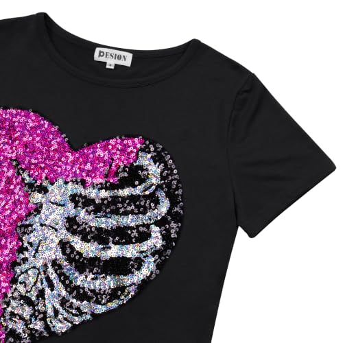 Image of PESION Womens Short Sleeve T-Shirt Sequined Tops O-Neck Funny Graphic Tees Blouse