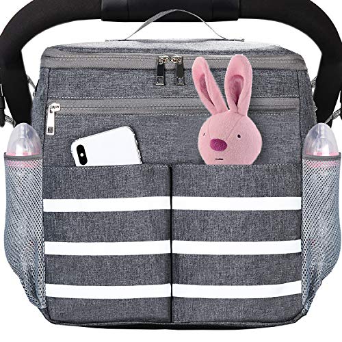 Parents Stroller Organizer Travel Bag with Shoulder Strap Insulated Bottle Holder Lightweight Design Storage Pockets for Bottles,Diapers,Toys,Saliva Towel-Fits All Baby Stroller Models (White Stripe)