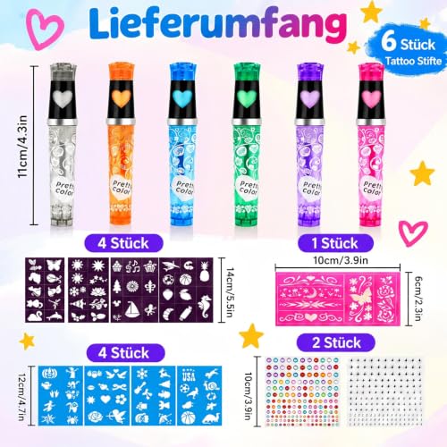 Tattoo Stifte 6 Farben Glitzer Set für Kinder, Glitzer Tattoo für die Haut, Tatoostift mit 8 Schablonen 80 Muster und Gesicht edelstein für… – Ansicht 2