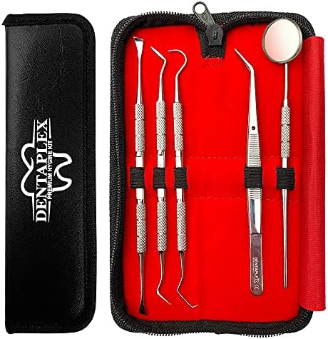 Dentaplex 5 Pcs Oral Dental Care Kit for Teeth Cleaning Whitening Plaque Calculus Removal Tartar Remover Tools Tooth Picks Dentist Mirror and Tweezers for Personal & Pets use