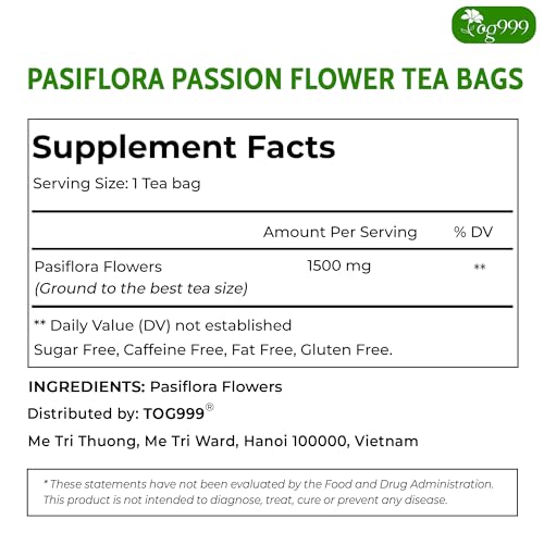 Image of TOG999, Premium 60 Passiflora Pasion Flower Tea Bags, 100% Natural & Pure. Herbal Tea. No Sugar, No Caffeine, No Gluten, Vegan. (60 Bags Passiflora Flower)