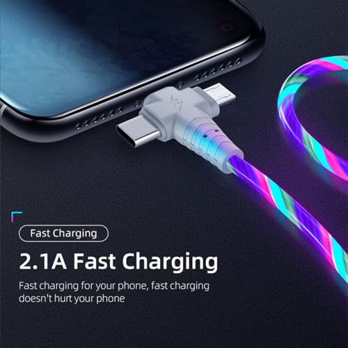 Image of AYI 6-in-1 USB Charging Cable with Colorful Flowing LED Light, 1m PVC Tangle-Free Universal Sync Cord, Smart Trickle Charging for Phones, Tablets, and More (Cross-Shaped Design)-Colorful 39 inches