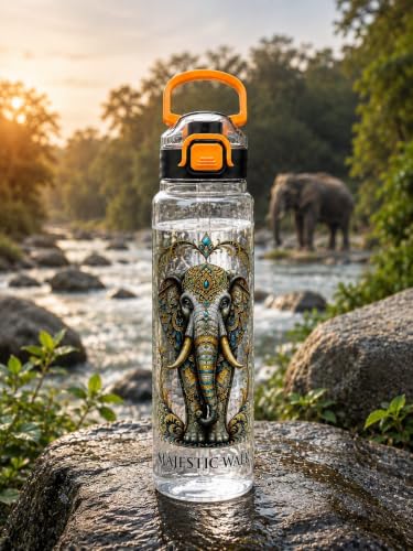Image of Majestic Walk Elephant Printed Water Bottle 1 Litre with Straw & Gulp Drinking