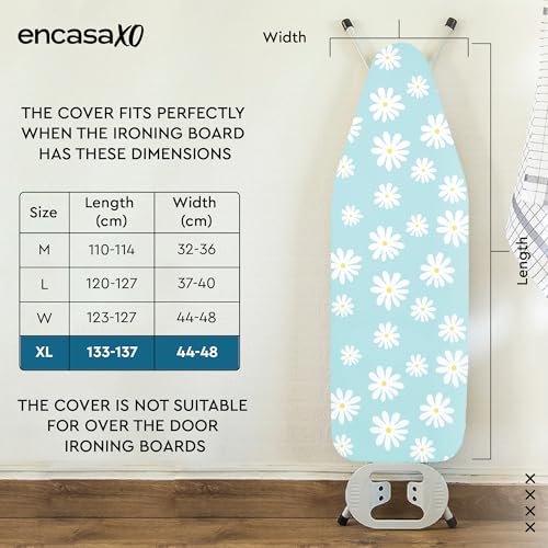 Image of Encasa XO Homes Ironing Board Cover With 3Mm Thick Felt Pad For Steam Press(Fits Standard X-Large Boards Of 135X45 Cm)Heat Reflective,Scorch&Stain Resistant,Printed-Daisy Blue