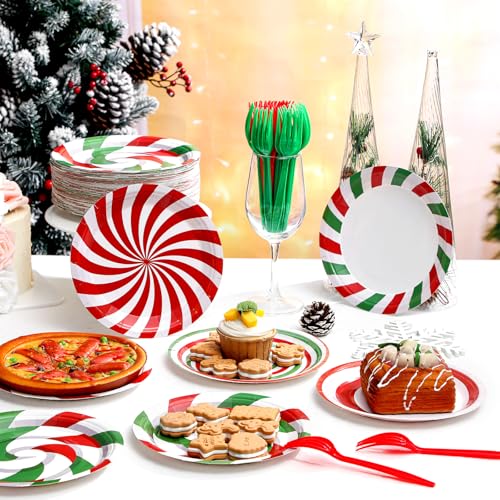 Image of Fourluoo 96 Pcs Christmas Candy Paper Plates 9 Inch Disposable Peppermint Dinner Plates for Xmas Birthday Party Table Decoration Supplies