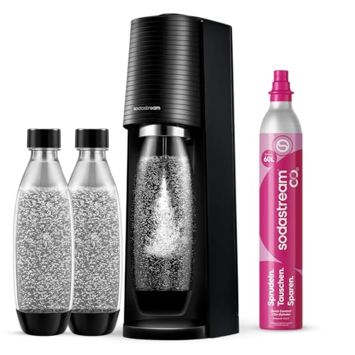 SodaStream Wassersprudler TERRA Promopack mit Quick-Connect CO2-Zylinder | inkl. 3x 1L FUSE Kunststoffflasche (spülmaschinengeeignet) | Farbe: Schwarz