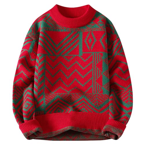 Cambkatl Men's Geometric Print Sweaters - Loose Fit Crewneck Graphic Soft Knitted Pullovers Long Sleeve Jumper Tops