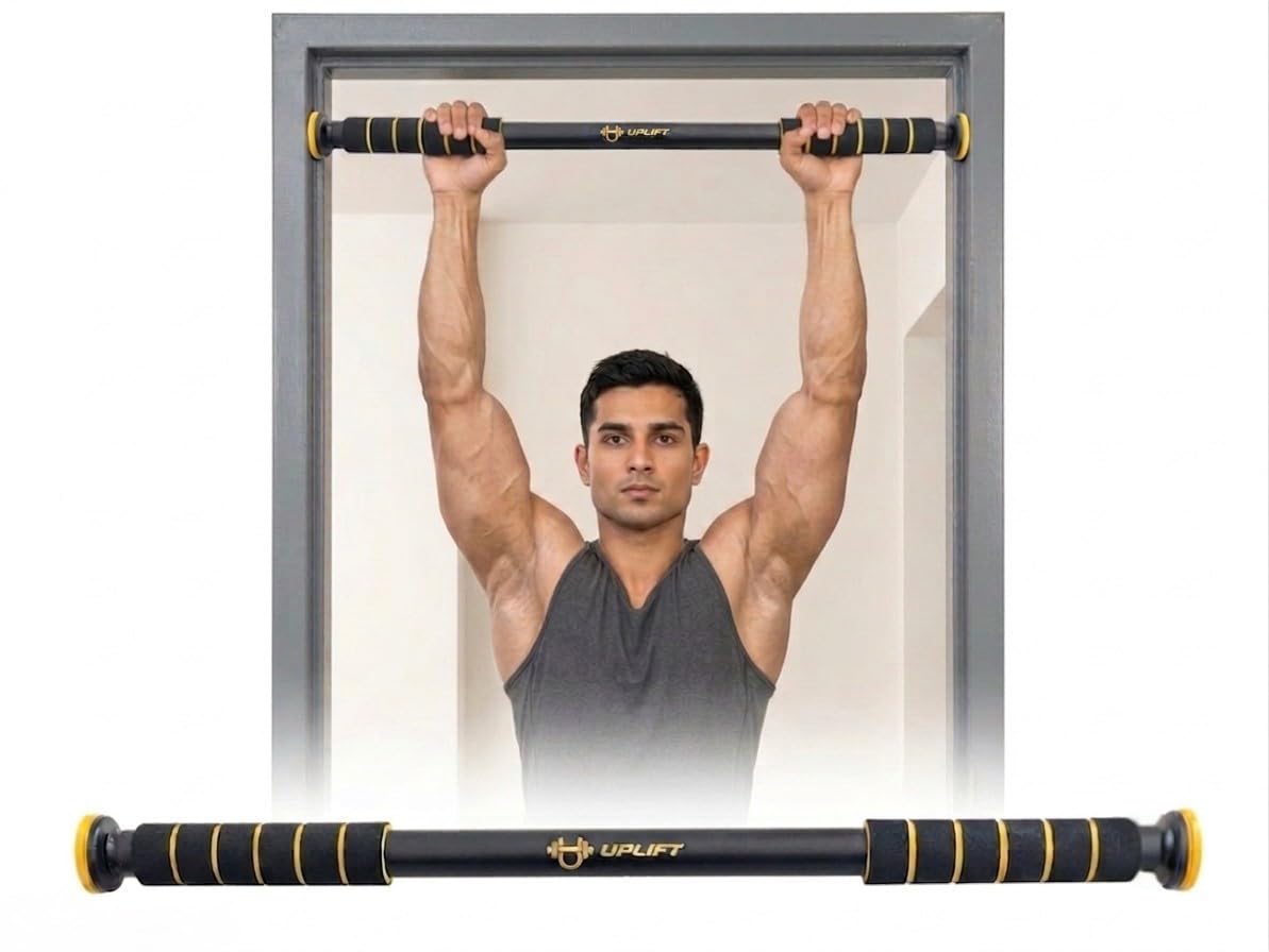 UPLIFT Adjustable Pull Up Bar for Home (62–100cm) | No Screw Doorway Exercise Rod | Anti Skid Grip, 100kg Capacity | Multifunctional Home Gym Equipment for Men, Women & Kids (Black/Yellow)-image-11