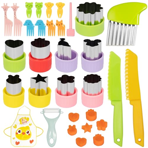 25 Stück Obst Gemüse Ausstechformen Edelstahl Cookie Ausstecher Mini Gemüseschneider Set Kinder mit Wellenschneider 10 Stück Karikatur Zahnstocher Kindermesser Kinderschürze