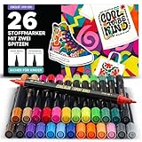 Zenacolor 26 Textilstifte Waschmaschinenfest - Permanente Textilfarbe Doppelspitze - Stoffmalstifte für Textil, T-Shirt, Canvas, Stofftaschen zum Bemalen
