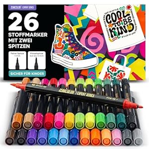 Zenacolor 26 Textilstifte Waschmaschinenfest - Permanente Textilfarbe Doppelspitze - Stoffmalstifte für Textil, T-Shirt, Canvas, Stofftaschen zum Bemalen