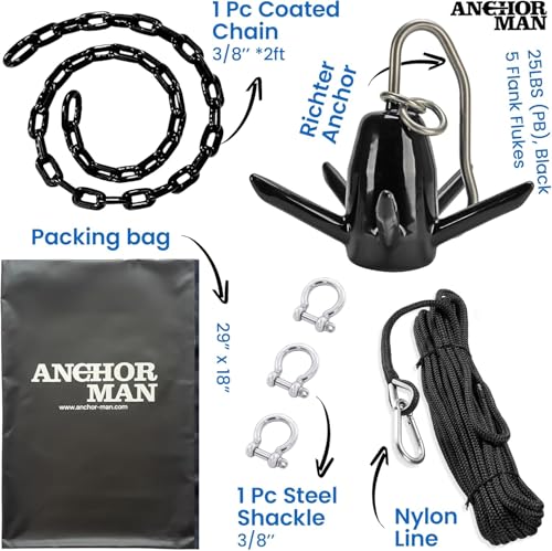 Richter Anchor Kit 18lbs with 100ft Nylon Rope, 4ft PVC Coated Chain, 3 Stainless Steel Bow Shackles & Heavy Duty PVC Storage Bag – Complete Boat Anchor System for Lakes & Rivers by Anchor-Man - Image 6