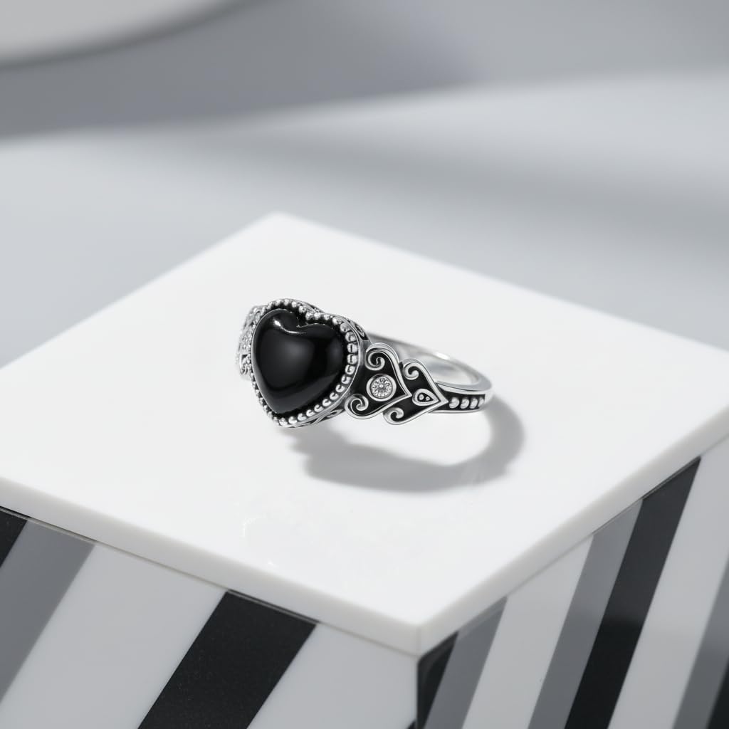 925 Sterling Silver Oxidized Black Onyx Rings for Women - Round & Heart 9mm Onyx Vintage Retro Design, Ideal for Daily Wear
