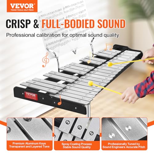 Image of VEVOR 32 Note Glockenspiel Xylophone Bell Kit, Professional Percussion Instrument Set with Mallets, Drum Sticks, Music Stand, 8 inch Practice Pad, Adjustable Stand and Carrying Bag for Students & Adults