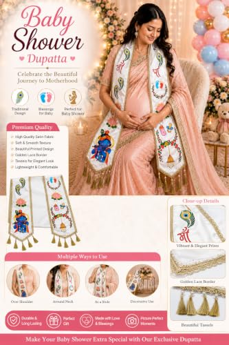 Image of Mom to Be Baby Shower Dupatta for Godh Bharai and baby shower Stoles with Bal Krishna Print, Ceremonial Festive Seemantham Functions FREE Shreenathji Brooch Pin for Dad to Be