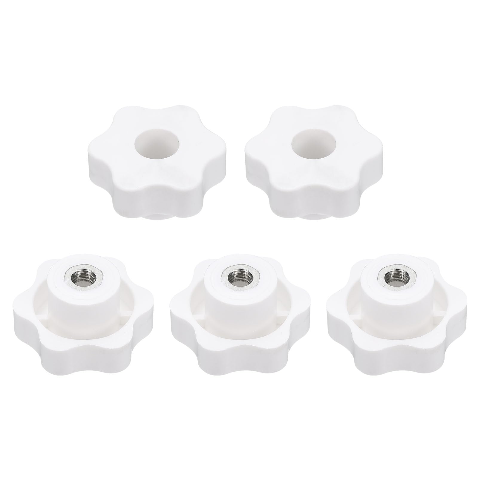 sourcing map 5pcs Star Clamping Nuts M8 Female Thread 48mm 6-Point Plastic Head Iron Insert Through Hole Screw-in Threaded Knob Hand Tightening Clamping Handles, White — image 1