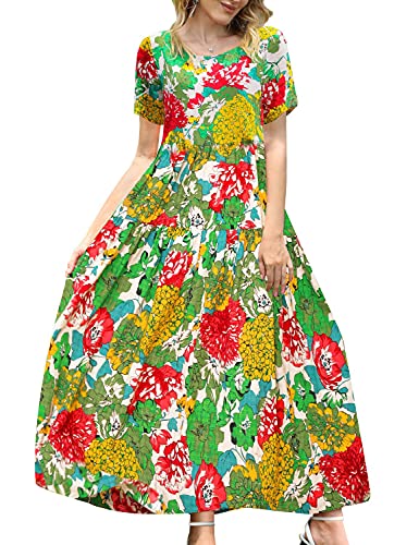 YESNO Women Casual Loose Bohemian Floral Dress with Pockets Short Sleeve Long Maxi Summer Beach Swing Dress (L EJF CR10)