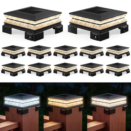 APONUO Solar Post Cap Lights Outdoor, 3 CCT& 2 Brightness Deck Post Lights Solar Powered for 4x4 5x5 6x6 Vinyl Wooden Posts, Waterproof Dusk to Dawn Fence Deck Lights for Patio Garden, Black, 12-Pack