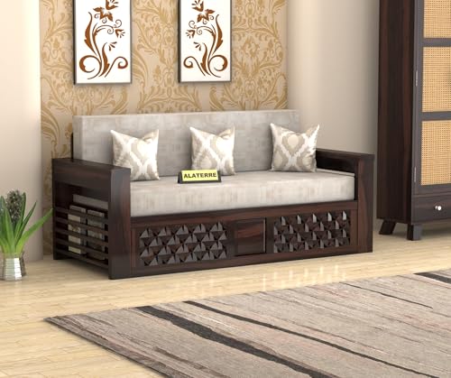 Image of Solid Wood Sofa Cum Bed for Living Room | Wooden Pull-Out Sofa Bed with Carved Front Design | Modern 3 Seater Convertible Diwan Bed for Home & Guest Room (Walnut Finish)